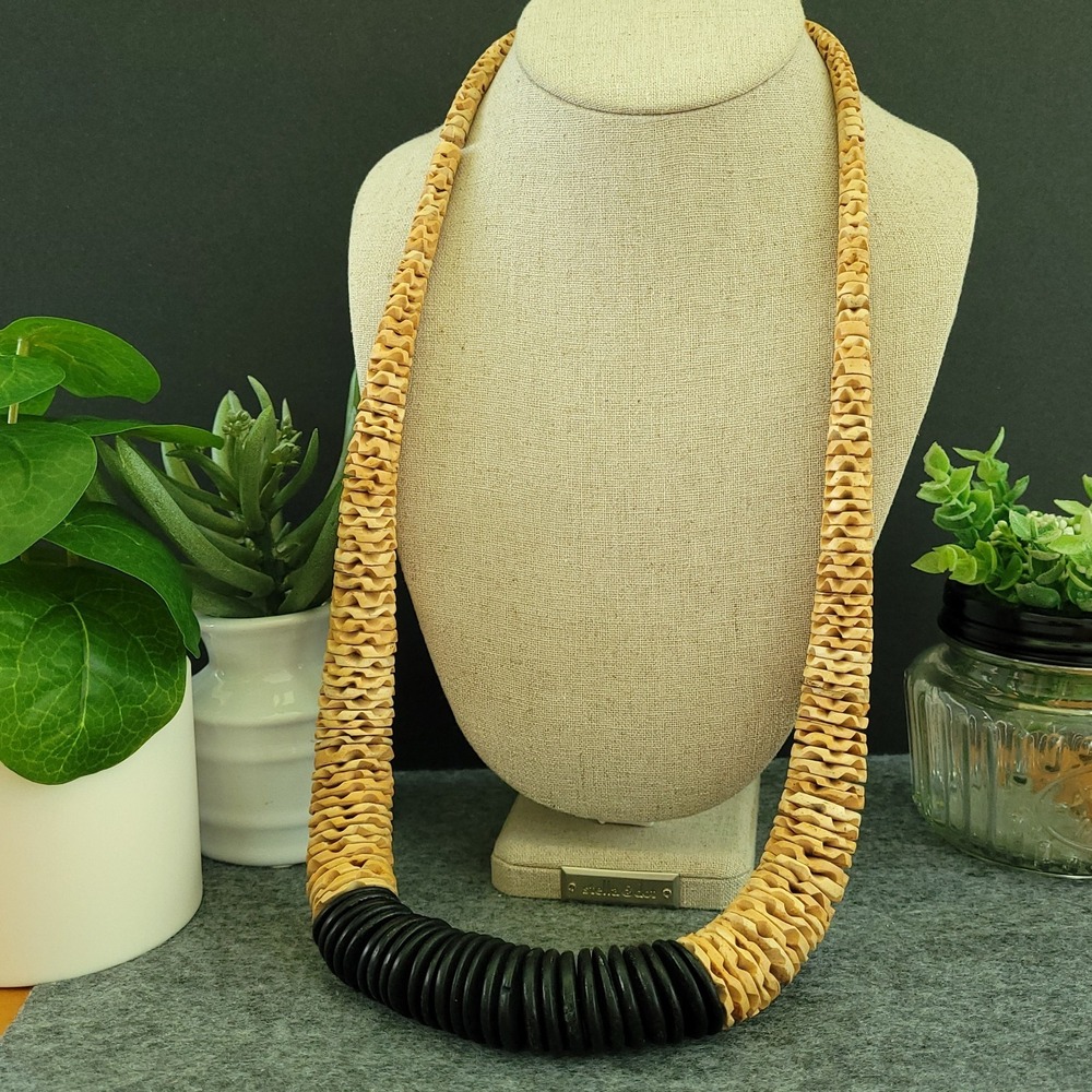 Modernist Coconut Shell Disc Bead Black Tan Statement Necklace 31in